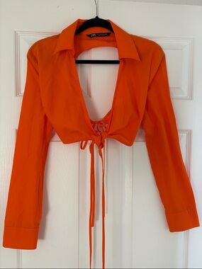 Zara Bright Orange Tie-Front Long Sleeve Shirt